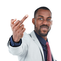 Image showing Middle finger, rude sign and black man on a white background for disrespect, mean and anger. Symbol, hand gesture and frustrated, angry and upset male isolated in studio with conflict expression