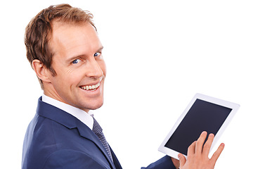 Image showing Digital tablet, portrait and businessman in studio networking on social media or the internet. Technology, communication and corporate male model with touchscreen device isolated by white background.