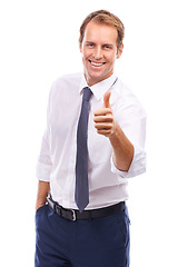 Image showing Businessman, thumbs up and happy portrait for success support, employee motivation and winner in white background. Corporate male, good job and deal discount or sale happiness isolated in studio