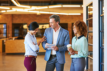 Image showing Collaboration, meeting and writing with a business team laughing while reading notes in their office at work. Teamwork, planning and strategy with a man and woman employee group working on an idea