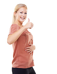 Image showing Stomach, thumbs up and woman in studio for weight loss, digestion health and wellness in portrait. Yes, ok and success hand sign of woman with gut health, diet and happy with results in mockup