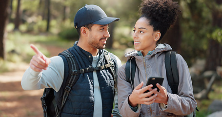 Image showing Couple, hiking and selfie, outdoor and travel, black woman and man together out in nature with technology and backpacking in woods. Hiker on adventure, relationship and photo with smartphone.