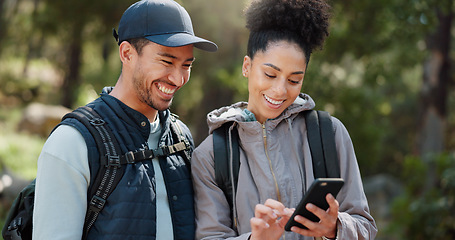 Image showing Couple, hiking and selfie, outdoor and travel, black woman and man together out in nature with technology and backpacking in woods. Hiker on adventure, relationship and photo with smartphone.