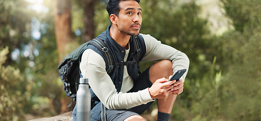 Image showing Phone, hiking and man in nature for a gps location, travel and freedom in mountains of Peru during a holiday. Young, thinking and Asian man with a mobile for communication while trekking in a forest