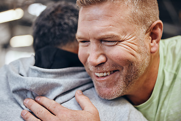 Image showing Friends, fitness and men greet in gym for teamwork, support and motivation for workout together. Sports, partnership and face of happy man ready for exercise, bodybuilder training and cardio wellness