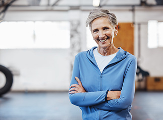 Image showing Senior woman, gym and portrait of a person happy about fitness, training and exercise with mockup. Sports, happy and pilates studio of mature female with arms crossed proud about wellness and health