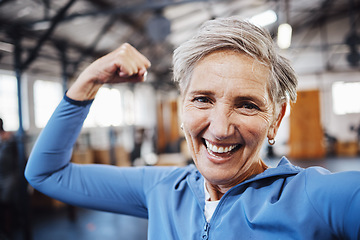 Image showing Senior woman, flexing and smile for selfie or profile picture in exercise, workout or muscle training at the gym. Portrait of happy elderly female in fitness smiling for vlog, social media or post