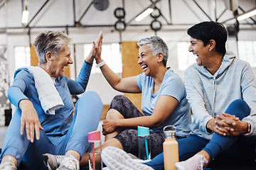 Image showing Gym, high five and group of mature women celebrate after fitness class, conversation and congratulations on floor. Exercise, bonding and happy senior woman with friends sitting together at workout.