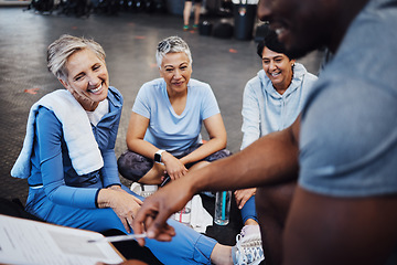 Image showing Senior women, fitness and personal trainer contract with elderly friends ready for wellness. Sports, gym and workout group with happiness and smile in a sport training gym for pilates or yoga