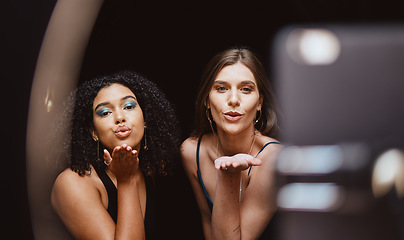 Image showing Beauty, fashion and woman friends blowing a kiss together while recording a vlog as an influencer team. Social media, makeup and affection with a female and friend live streaming a broadcast