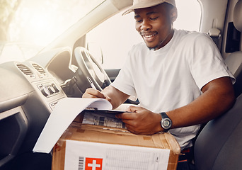 Image showing Delivery, box and courier man in a car with checklist for ecommerce, orders and package, happy and smile. Logistics, cargo and guy driver with clipboard for parcel, online shopping and transportation