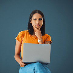 Image showing Thinking, laptop and woman in studio with emoji, gesture and contemplating against grey background. Idea, girl and contemplation while online for advertising, mockup and space while posing isolated