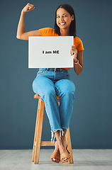 Image showing Portrait, poster and black woman with strong arm pose in studio for body positivity, acceptance or self love on grey background. Billboard, banner and girl advertising confidence, empowered and proud