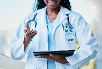 Image showing Black woman, doctor hands and tablet of a healthcare worker talking about medical results. Digital, online and web health data of a nurse and hospital employee outdoor speaking about life insurance