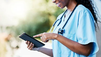 Image showing Black woman, doctor and tablet with smile for communication, research or 5G connection in the outdoors. Hands of African American female medical expert or nurse browsing on touchscreen for schedule