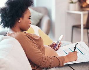 Image showing Home, pregnant woman and paper for online application, healthcare, life insurance and smartphone for information. Pregnancy mother on phone and writing on clinic form, documents or paperwork on sofa