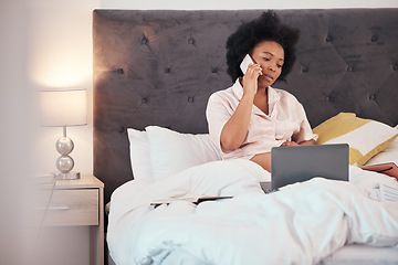 Image showing Phone call, pregnancy and black woman with laptop, talking or chatting in bedroom. Computer, remote worker and pregnant female with mobile smartphone for networking, conversation or discussion in bed