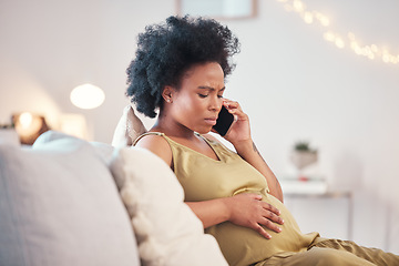 Image showing Phone call, pregnant woman and stress for healthcare problem, worry or anxiety with stomach pain or emergency. Pregnancy, abdomen wellness and mother with smartphone for home telehealth services