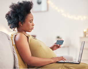 Image showing Pregnant woman, credit card and laptop for online shopping, ecommerce or financial payment for customer experience. Pregnancy, mother and computer on sofa for fintech, digital application and banking