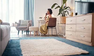 Image showing Black woman in lounge, phone call and conversation for planning, happiness and peace at home. African American female, lady and smartphone with smile, talking and discussion with carefree and relax