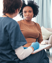 Image showing Healthcare, nurse and pregnant woman during a consultation, planning support and medical paperwork. Strategy, insurance and African patient talking to a doctor about health update during pregnancy