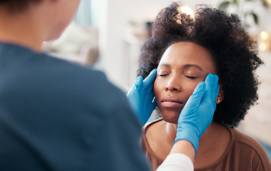 Image showing Healthcare, facial consultation and doctor with patient consulting for plastic surgery. Medical, cosmetology and black woman with a surgeon for a cosmetic treatment in a hospital or medicare clinic.