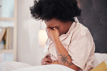 Image showing Pregnant, bedroom and black woman with depression, stress and maternity issues in home. African American female, pregnancy and anxious lady in bed with headache, anxiety and mental health problems