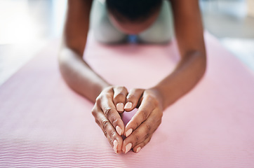 Image showing Yoga, stretching and woman hands on floor for fitness, zen and pilates training in home or living room background. Meditation, healing and calm person with peace, wellness exercise and mindfulness