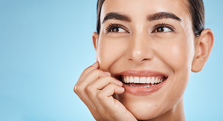 Image showing Beauty, thinking and woman isolated on studio background for skincare ideas, cosmetics or makeup in mockup space. Happy model or person face with aesthetic idea, dermatology or facial glow on mock up