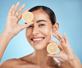 Image showing Beauty, skin care and lemon woman portrait with beauty face dermatology, natural cosmetic and wellness. Aesthetic model person for vitamin c facial glow, nutrition diet and detox on blue background