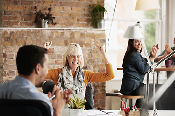 Image showing Wow, success and woman in happy celebration at work after sales, goals or reaching target in an office. Job promotion, winner or excited employee with arms in the air to celebrate winning a deal