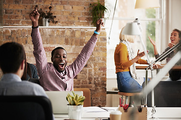 Image showing Wow, success and black man in happy celebration at work after sales, goals or reaching target in an office. Job promotion, winner or excited employee with arms in the air to celebrate winning a deal