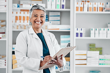 Image showing Elderly woman, pharmacist portrait smile and store data of pills stock, insurance or medical documents. Healthcare, doctor and senior female wellness consultant with happiness about pharmacy