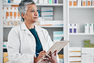 Image showing Senior woman thinking, pharmacist and paper data of insurance or medical documents. Healthcare, doctor and elderly wellness consultant with clipboard and pills document about pharmacy retail stock