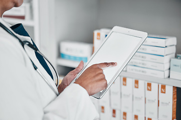 Image showing Mockup, digital tablet and hands of pharmacy for medicine, stock and checklist, prescription or pills. Copy space, screen and female health expert online for internet, search and app for inventory