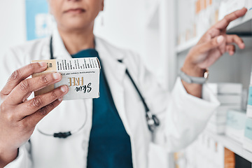 Image showing Pharmacy, healthcare and pharmacist with pills, medicine and dermatology medication in clinic. Skin care wellness, pharmaceutical store and woman with medical products, ointment and cream treatment