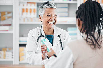 Image showing Pharmacy, medicine and woman doctor with customer service, product advice or retail expert opinion. Pharmaceutical, pills and senior pharmacist or seller for medical healthcare help, support and shop