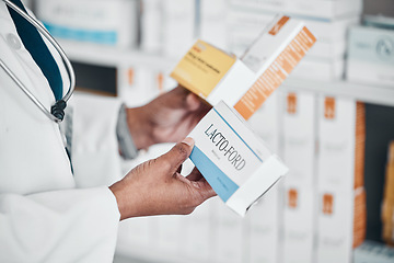 Image showing Healthcare, pharmacy and hands of pharmacist with pills, medicine and medication for medical prescription. Wellness, pharmaceutical service and woman reading label for drugs, vitamins and treatment