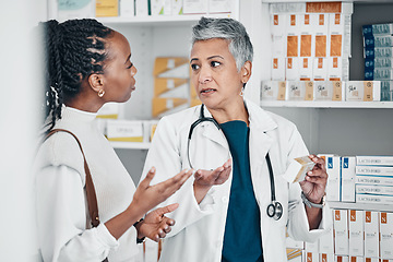 Image showing Pharmacy help, medicine doctor and woman with customer service, product advice or expert opinion in shop. Pharmaceutical, drugs and senior pharmacist, seller or medical worker with healthcare choice