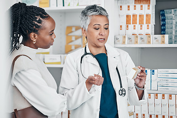 Image showing Pharmacist help, medicine and woman for customer service, product advice or expert opinion in clinic or shop. Pharmaceutical, pharmacy drugs and senior seller or medical worker with healthcare choice