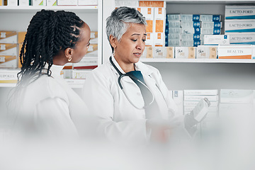 Image showing Service, pharmacy and black woman with pharmacist for advice, help of treatment or medicine choice. Customer, senior doctor and discussion for pharmaceutical information, questions or drugstore pills