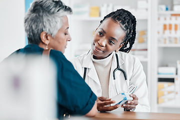 Image showing Pills, pharmacy or old woman consulting with a pharmacist for retail healthcare treatment information. Questions, trust or black woman helping a senior woman shopping for medicine or medical drugs