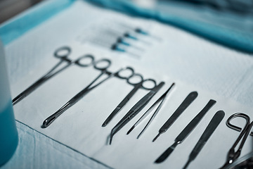 Image showing Surgery, medical tools and hospital theater sterile for healthcare, health insurance or emergency. Metal surgical instrument scissors, forceps or kit on table with medicine in surgeon operating room