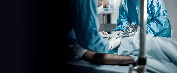 Image showing Surgery, teamwork and doctors in a hospital for an emergency life saving operation on a critical patient. Doctor, nurse and medical with a medicine surgeon group working in a clinic operating room