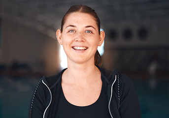 Image showing Woman, smile in portrait with fitness and athlete, motivation and success with positive mindset for sports training. Happy person, exercise and mockup space with face and health, wellness and active