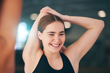 Image showing Woman stretching, exercise and swimmer arm, athlete smile and start body training for sports. Exercise, health and wellness in active lifestyle, happiness and competitive sport with workout