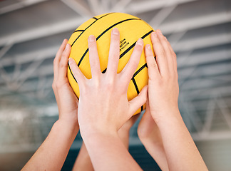 Image showing Hands, ball and team with sports and support with athlete group, teamwork and fitness with solidarity and trust. Collaboration, community and exercise, volleyball or water polo and people play game