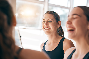 Image showing Happy, smile and girl with team for sports, training and exercise in morning for water polo. Fitness, teamwork and group of female athletes talking, laughing and in conversation together at practice