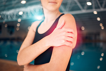 Image showing Fitness, woman and shoulder pain after training, workout and inflammation with torn muscle, sports accident or painful. Exercise, female athlete or lady with arm injury, practice or medical emergency