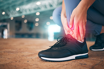 Image showing Joint pain, injury and woman athlete foot zoom with red overlay, sports accident and fitness in running shoes. Inflammation, medical emergency and stress on muscle, exercise mistake and injured ankle